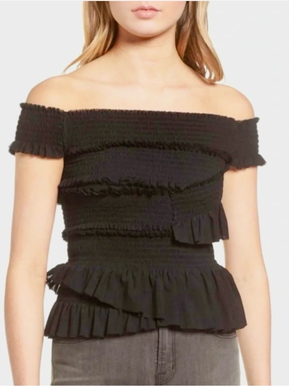 Chelsea28 Black Off-the-Shoulder Smocked Ruffle Peplum Top